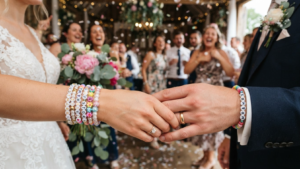 photo of wedding, bride and groom wrists full of bead bracelets