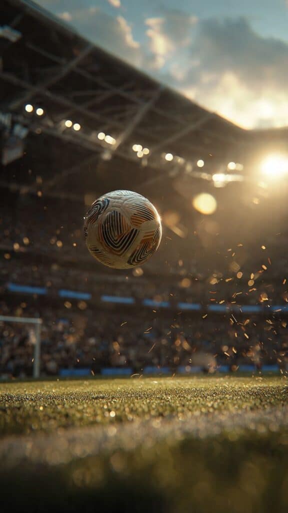 Photo of a soccer ball in air at a soccer stadium