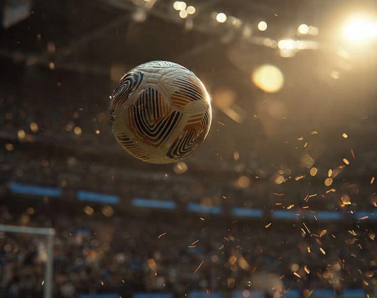 Photo of a soccer ball in air at a soccer stadium