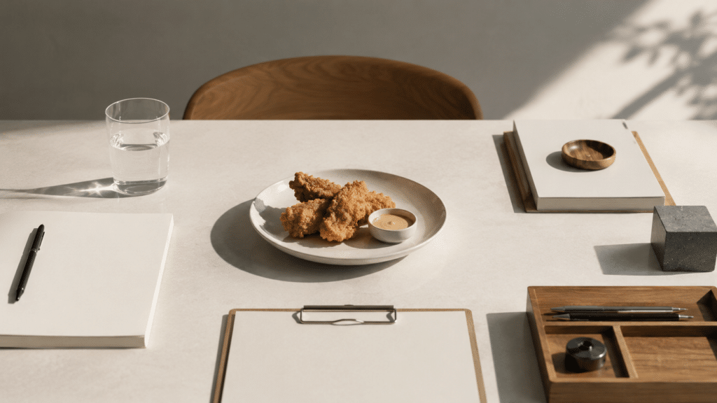 Minimalist workspace with a simple chicken meal, notebook, and organized desk accessories representing strategic focus and operational excellence.