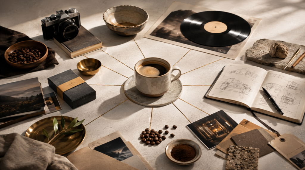 Coffee cup surrounded by creative objects illustrating storytelling, culture, and brand ecosystem.